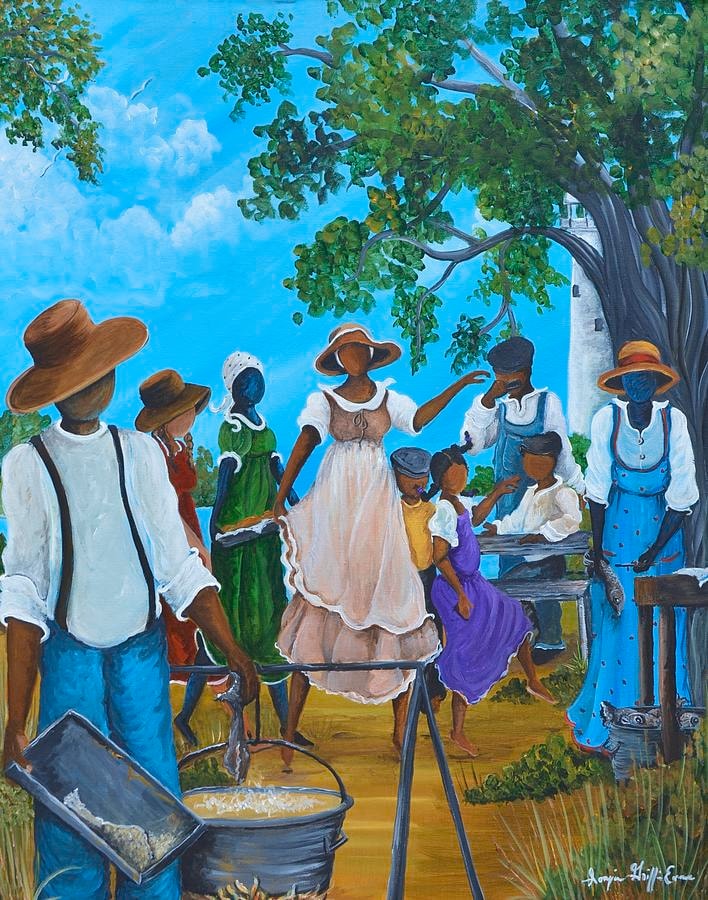 Family reunion gathering under a large tree