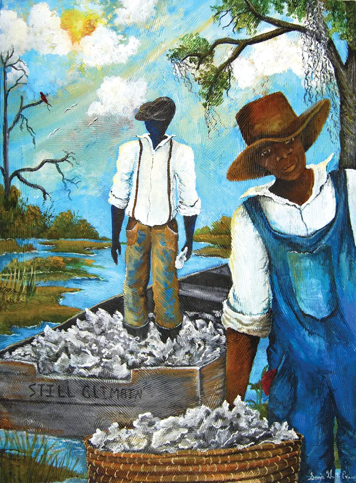 Two figures harvesting cotton by the river
