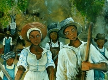 Three women in white dresses and hats